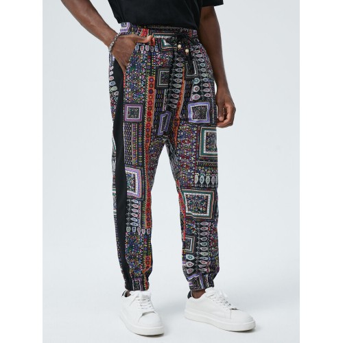 Mens Vintage Floral Geometric Print Side Stripe Loose Drawstring Pants