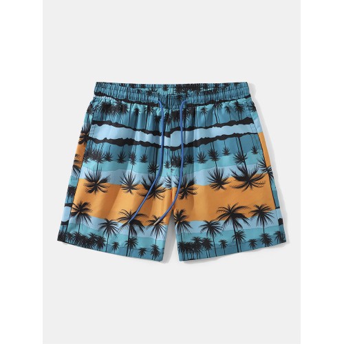 Men Palm Tree Hawaiian Style Drawstring Elastic Waist Shorts