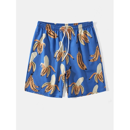 Men Banana Print Mid Length Beachwear Shorts