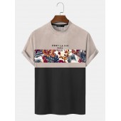 Mens Tropical Plants Print Patchwork Texture Short Sleeve T  Shirts